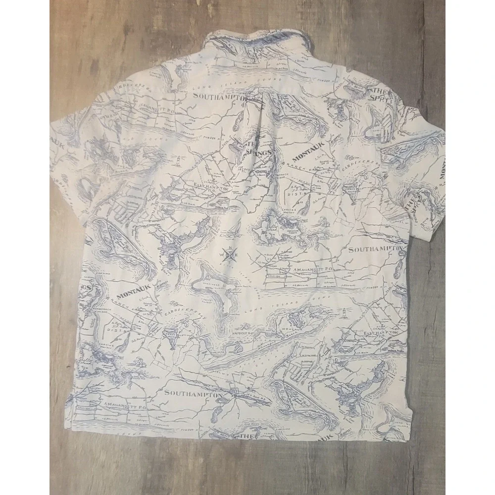 Ralph Lauren Mens Knit Oxford Polo Shirt Large Montauk Long Island Map Print